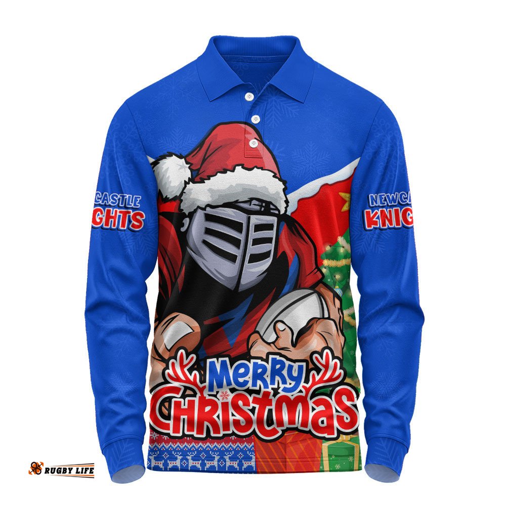 Newcastle Knights Long Sleeve Polo Shirt Santa Scoring Touchdown On Christmas Game Day