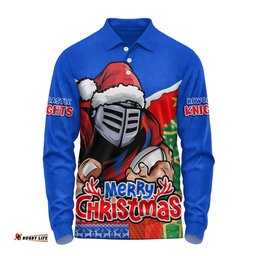 Newcastle Knights Long Sleeve Polo Shirt Santa Scoring Touchdown On Christmas Game Day