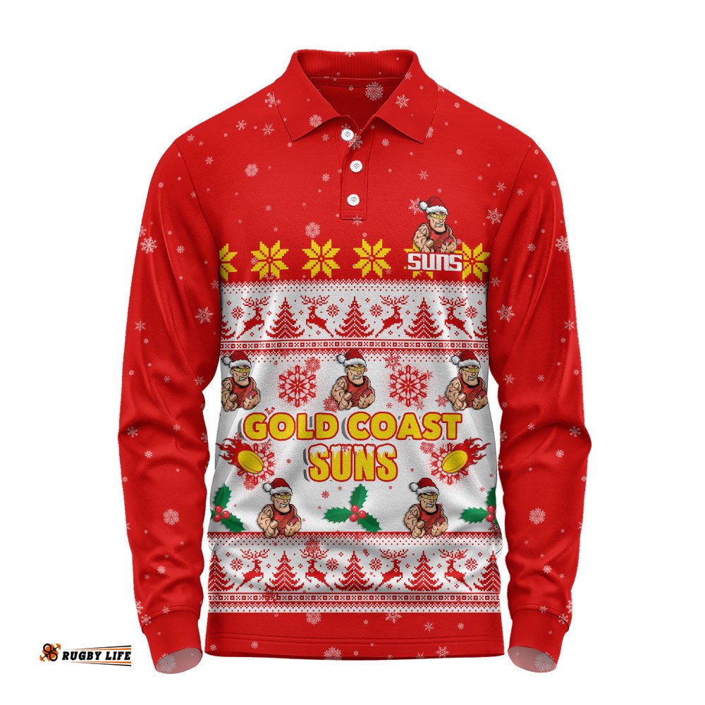 Gold Coast SUNS Long Sleeve Polo Shirt Special Ugly Christmas Holiday Footy Fans