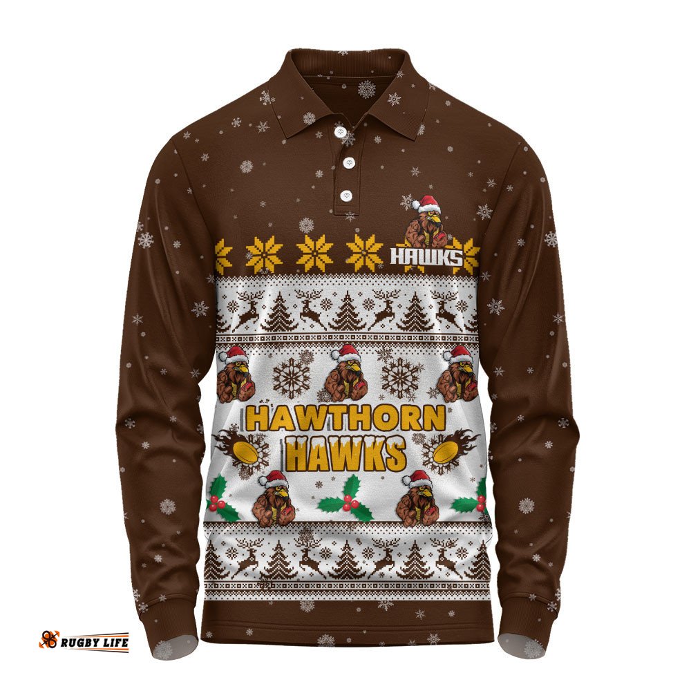 Hawthorn Long Sleeve Polo Shirt Special Ugly Christmas Holiday Footy Fans