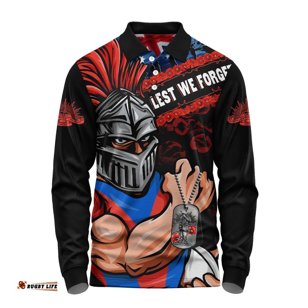 Newcastle Knights Long Sleeve Polo Shirt Anzac Remembrance Of The Fallen