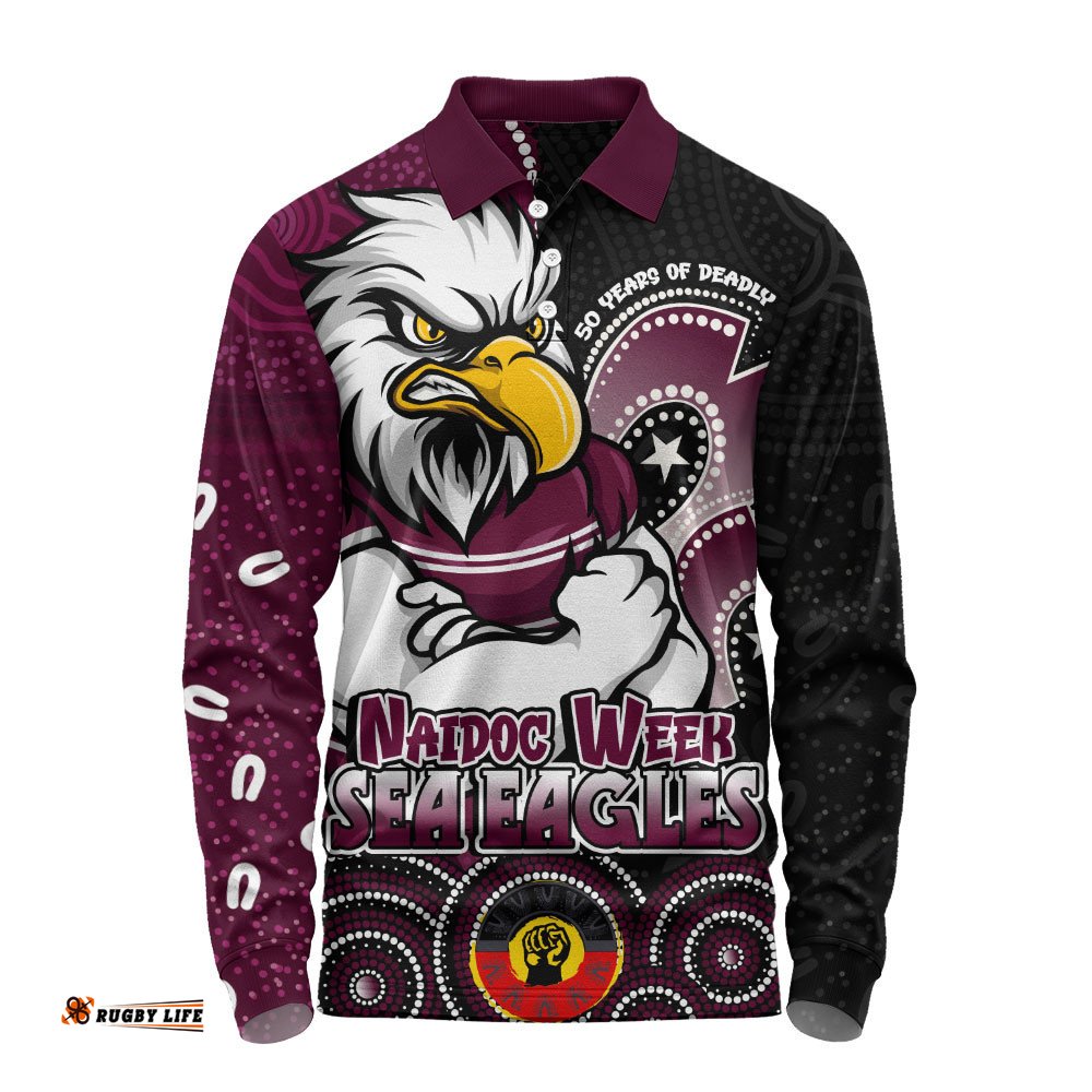 Manly Warringah Sea Eagles Long Sleeve Polo Shirt NAIDOC Week 50 Years Of Deadly Indigenous Pattern