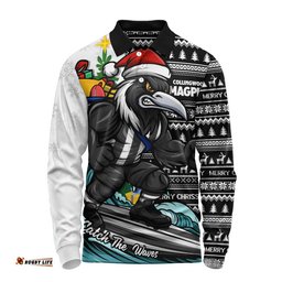 Collingwood Long Sleeve Polo Shirt Christmas Holiday Santa Rides The Waves