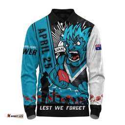 Port Adelaide Long Sleeve Polo Shirt Anzac Day Lest We Forget Memorial