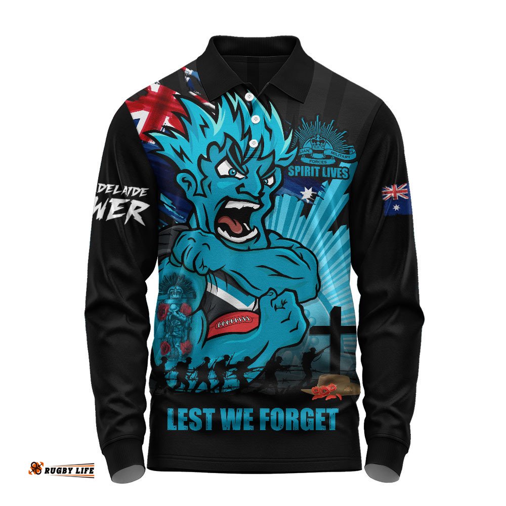 Port Adelaide Long Sleeve Polo Shirt ANZAC Day Honour And Football Legacy