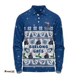 Geelong Cats Long Sleeve Polo Shirt Special Ugly Christmas Holiday Footy Fans
