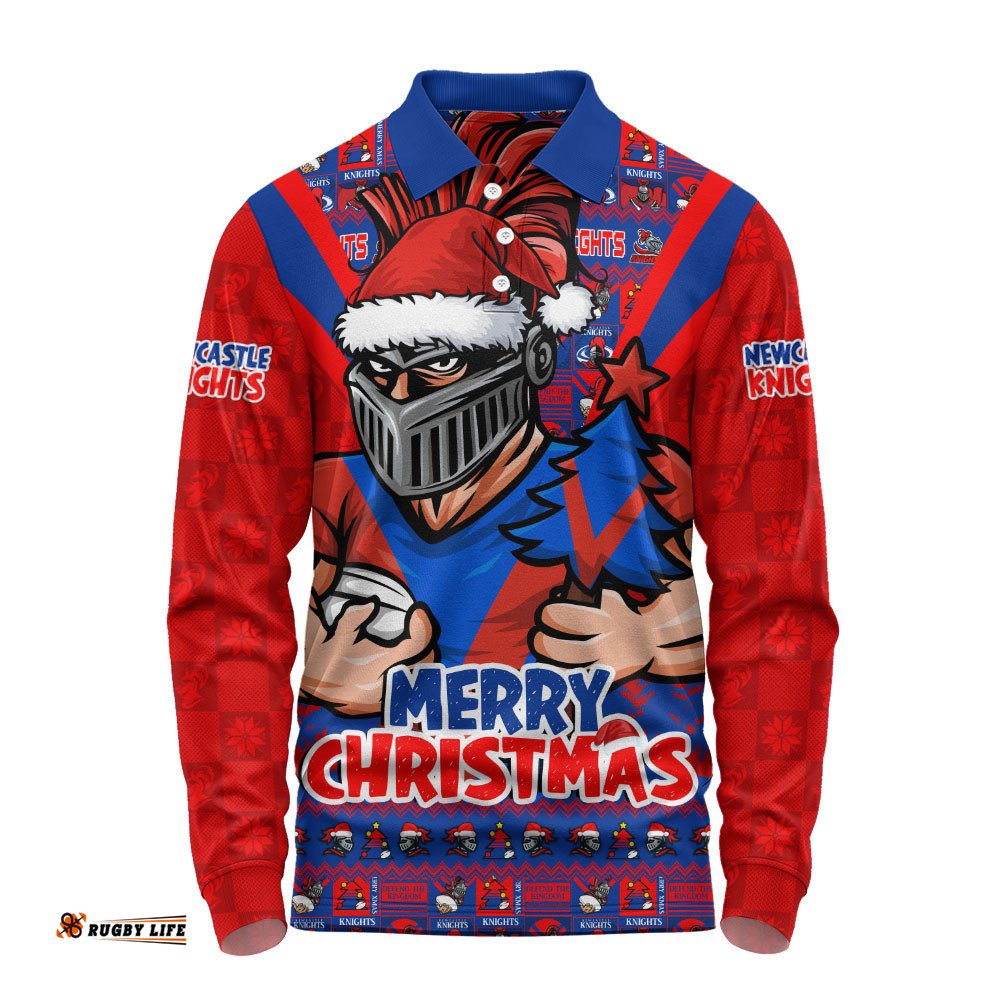 Newcastle Knights Long Sleeve Polo Shirt Merry Christmas Festive Spirit Edition