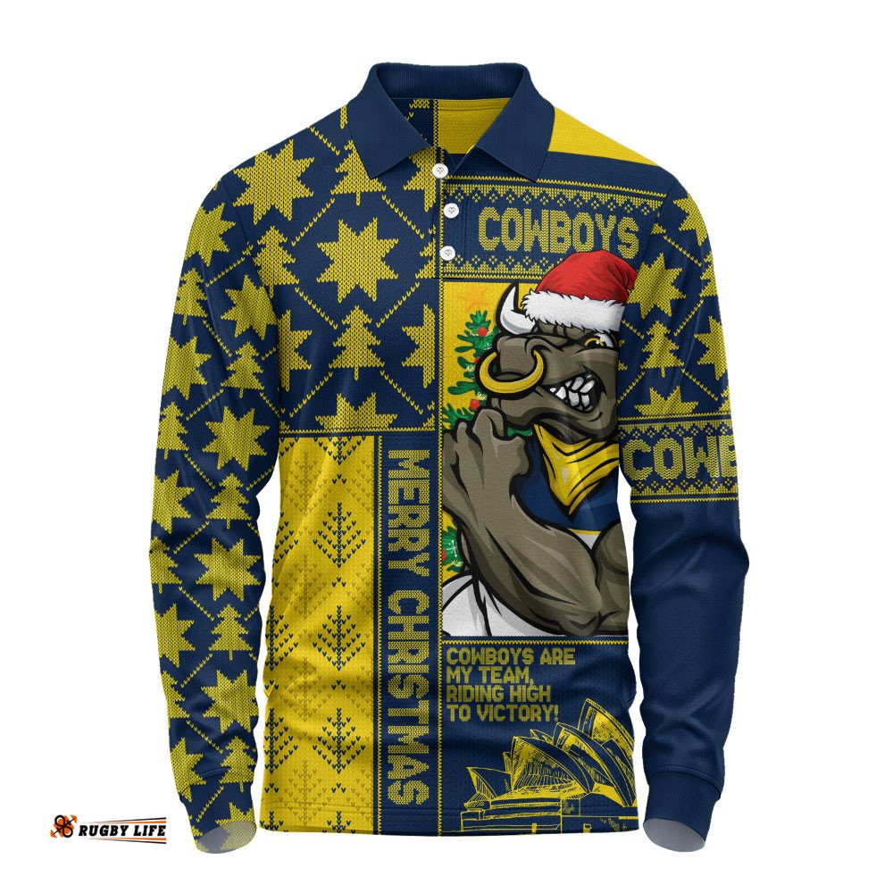 North Queensland Cowboys Long Sleeve Polo Shirt Christmas Magic Knit Style Winter Glow