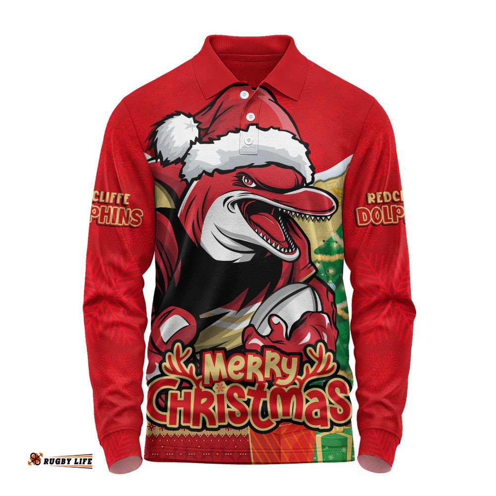Redcliffe Dolphins Long Sleeve Polo Shirt Santa Scoring Touchdown On Christmas Game Day