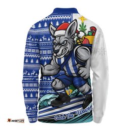 North Melbourne Long Sleeve Polo Shirt Christmas Holiday Santa Rides The Waves