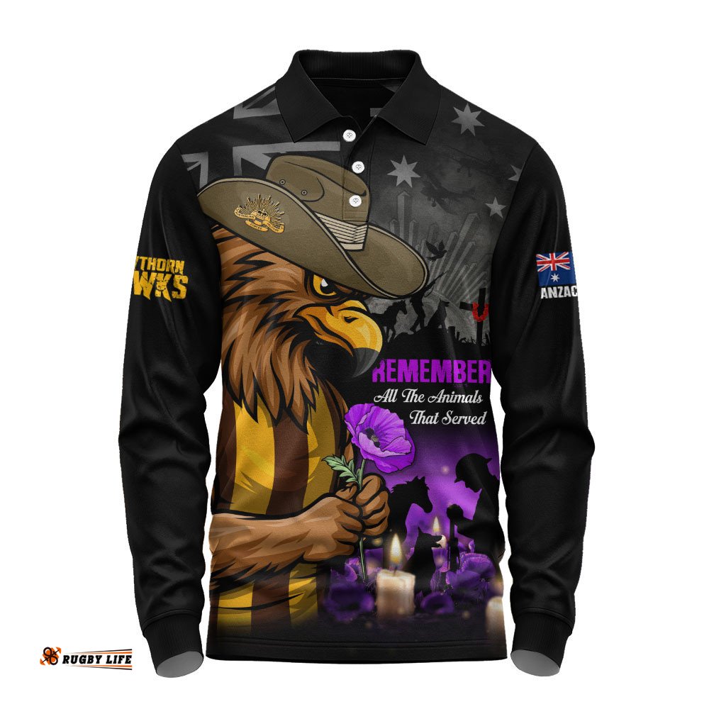 Hawthorn Long Sleeve Polo Shirt Anzac Day In Memory Of Animals That Served
