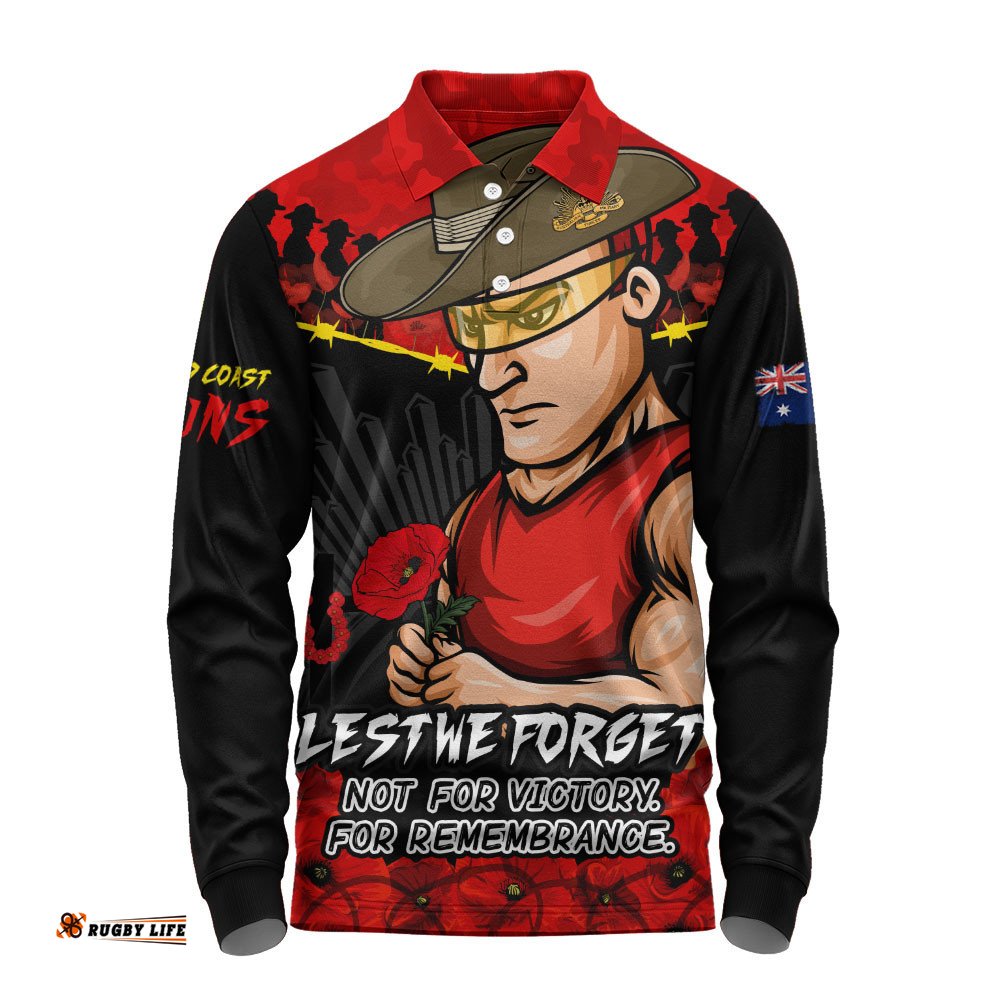 Gold Coast SUNS Long Sleeve Polo Shirt ANZAC Day Not For Victory For Remembrance