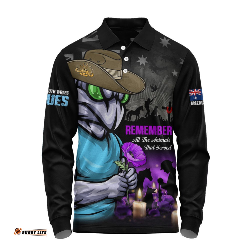 New South Wales Blues Long Sleeve Polo Shirt Anzac Day Purple Poppy And Animals That Served