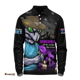 New South Wales Blues Long Sleeve Polo Shirt Anzac Day Purple Poppy And Animals That Served
