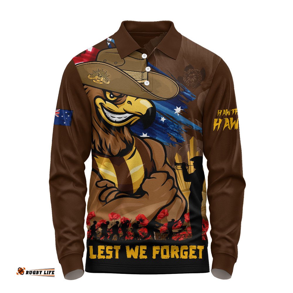 Hawthorn Long Sleeve Polo Shirt ANZAC Inspired Football Fan Memorial Design