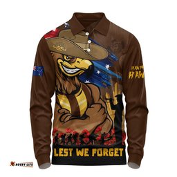 Hawthorn Long Sleeve Polo Shirt ANZAC Inspired Football Fan Memorial Design