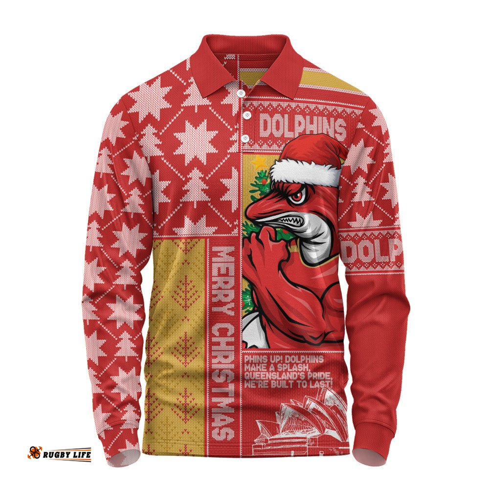Redcliffe Dolphins Long Sleeve Polo Shirt Christmas Magic Knit Style Winter Glow