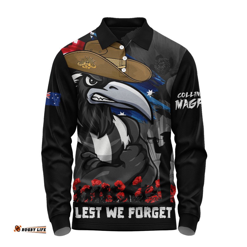Collingwood Long Sleeve Polo Shirt ANZAC Inspired Football Fan Memorial Design