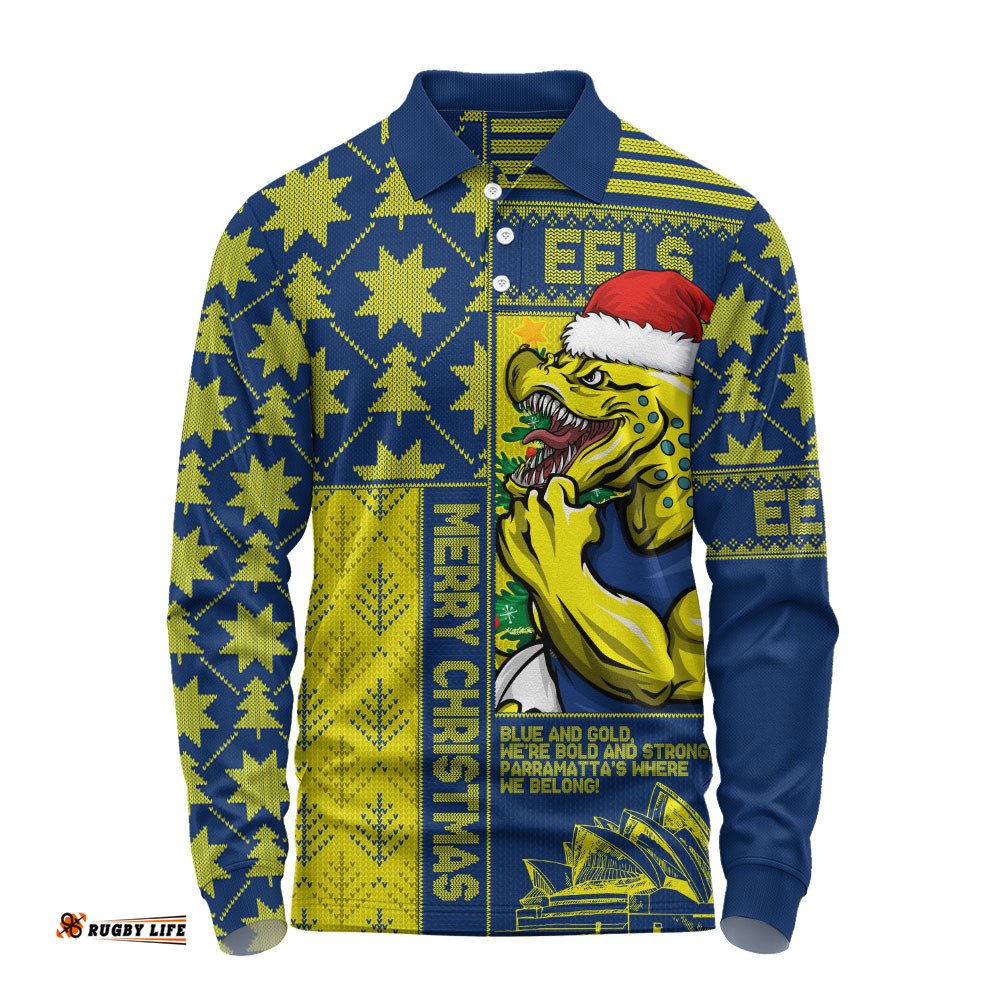 Parramatta Eels Long Sleeve Polo Shirt Christmas Magic Knit Style Winter Glow