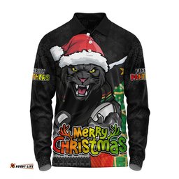 Penrith Panthers Long Sleeve Polo Shirt Santa Scoring Touchdown On Christmas Game Day