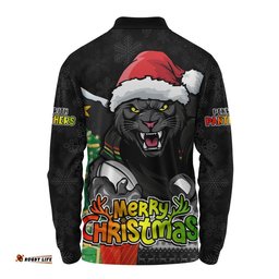 Penrith Panthers Long Sleeve Polo Shirt Santa Scoring Touchdown On Christmas Game Day