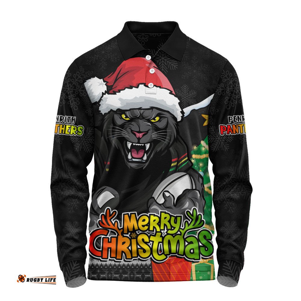 Penrith Panthers Long Sleeve Polo Shirt Santa Scoring Touchdown On Christmas Game Day