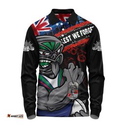New Zealand Warriors Long Sleeve Polo Shirt Anzac Remembrance Of The Fallen