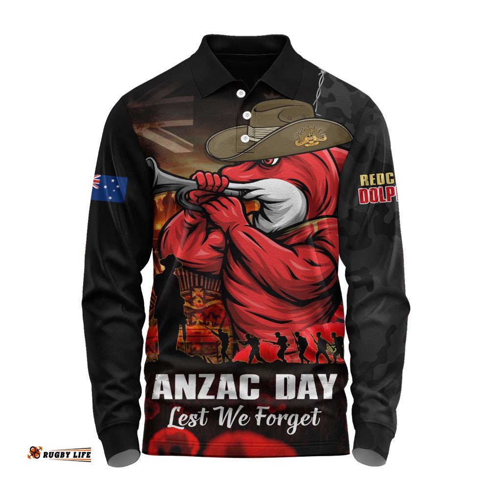 Redcliffe Dolphins Long Sleeve Polo Shirt Anzac Day Rising Dawn Ceremony Lest We Forget Courage