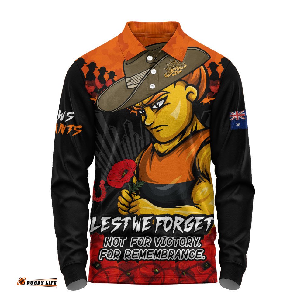 GWS GIANTS Long Sleeve Polo Shirt ANZAC Day Not For Victory For Remembrance
