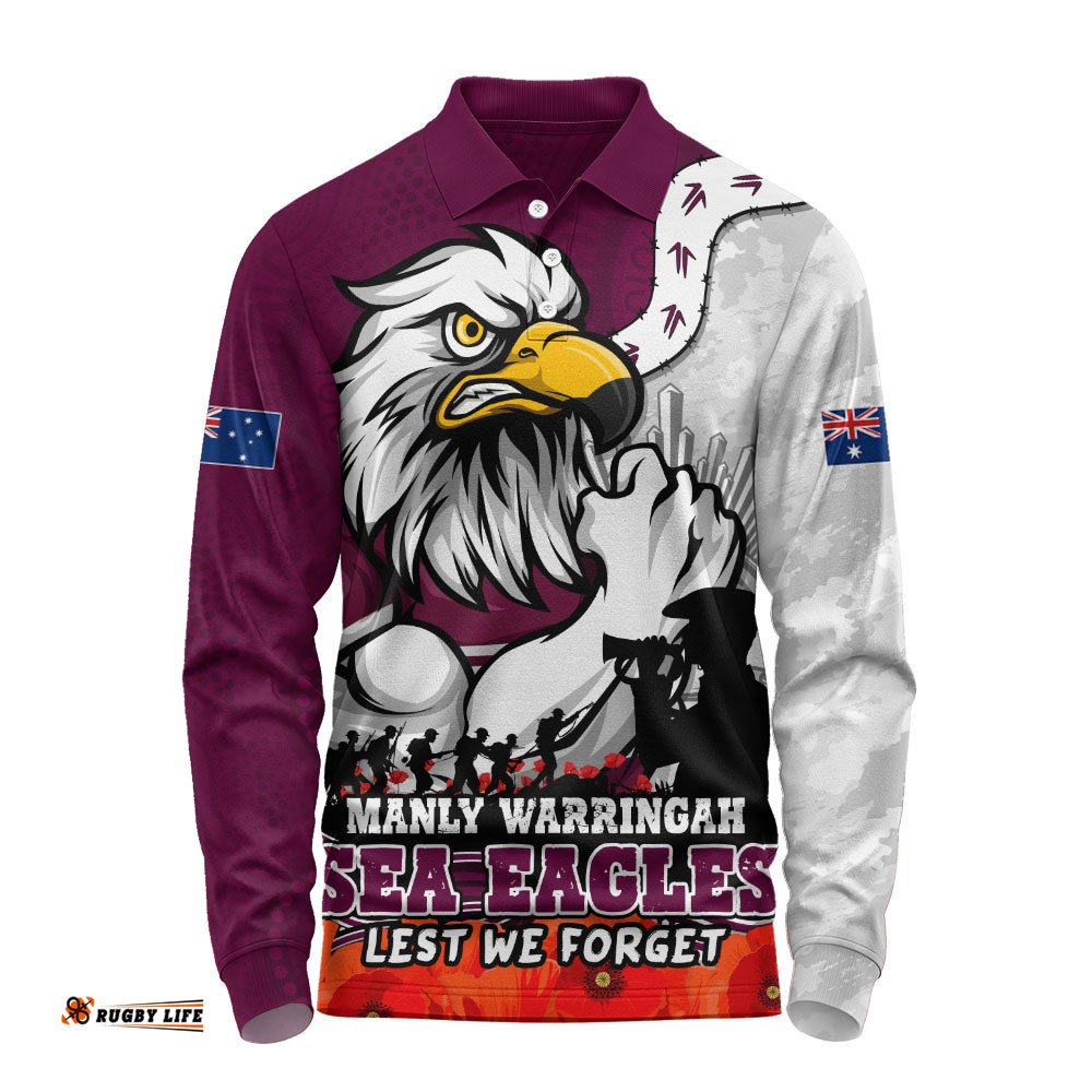 Manly Warringah Sea Eagles Long Sleeve Polo Shirt Anzac Day Remembrance Of Courage Loyalty Valor