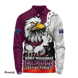 Manly Warringah Sea Eagles Long Sleeve Polo Shirt Anzac Day Remembrance Of Courage Loyalty Valor