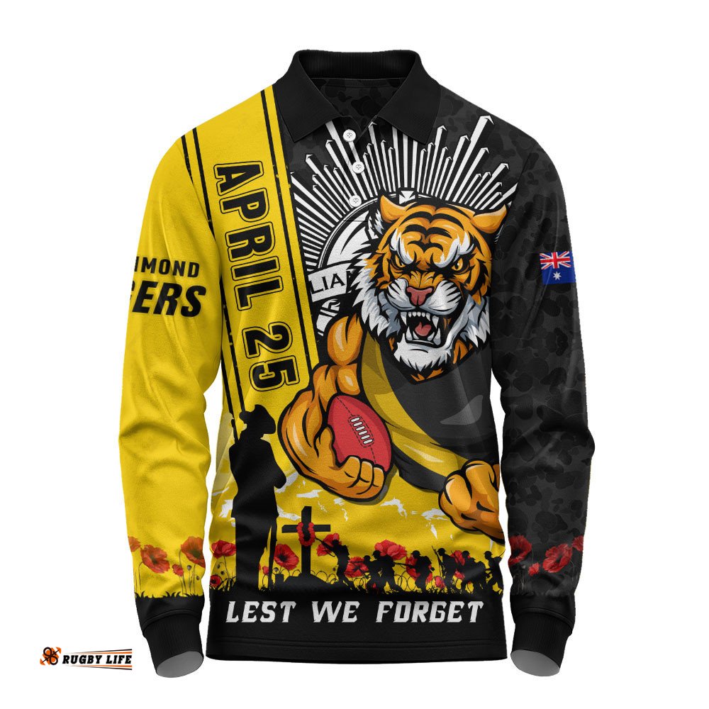 Richmond Long Sleeve Polo Shirt Anzac Day Lest We Forget Memorial