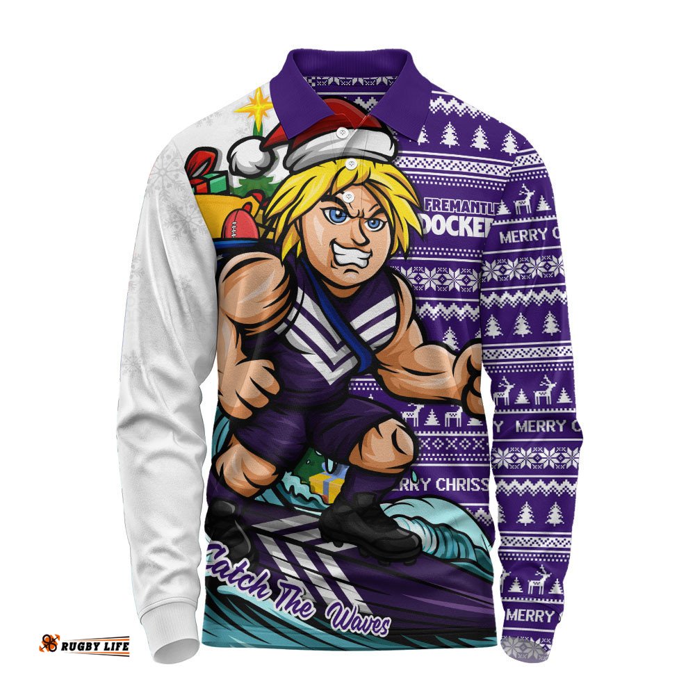 Fremantle Long Sleeve Polo Shirt Christmas Holiday Santa Rides The Waves