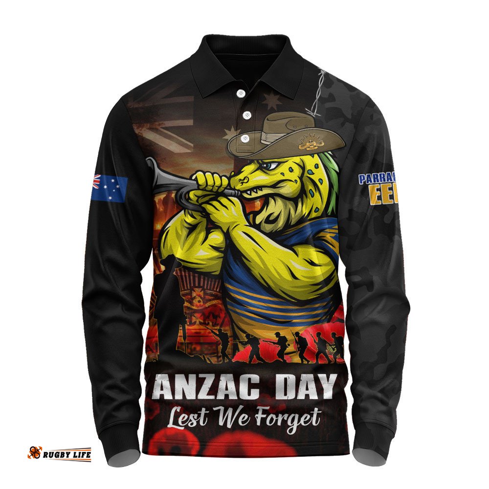 Parramatta Eels Long Sleeve Polo Shirt Anzac Day Rising Dawn Ceremony Lest We Forget Courage