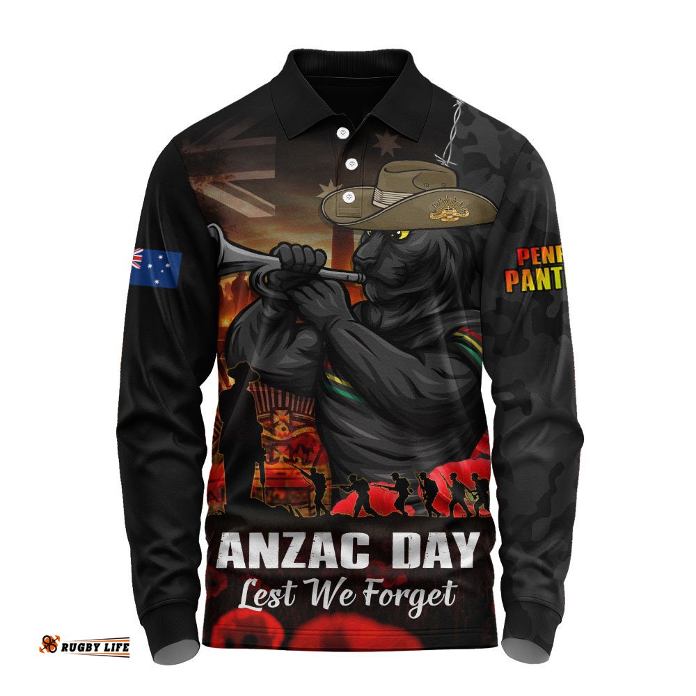 Penrith Panthers Long Sleeve Polo Shirt Anzac Day Rising Dawn Ceremony Lest We Forget Courage