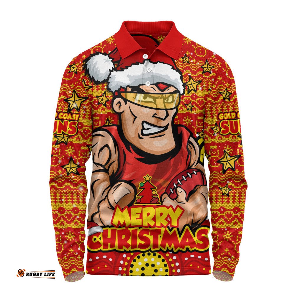 Gold Coast SUNS Long Sleeve Polo Shirt Ugly Christmas Knit Patterns Vintage Jersey