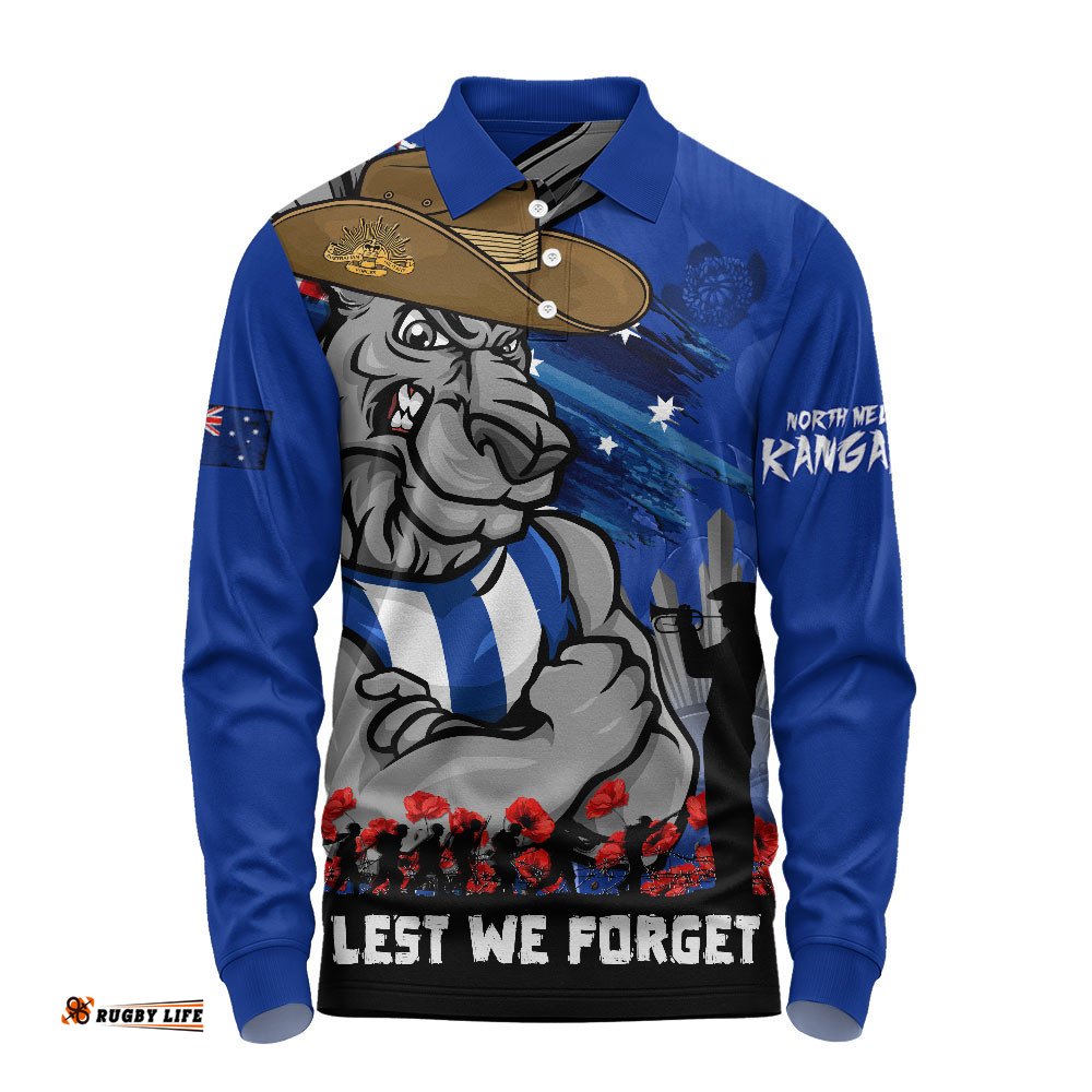 North Melbourne Long Sleeve Polo Shirt ANZAC Inspired Football Fan Memorial Design
