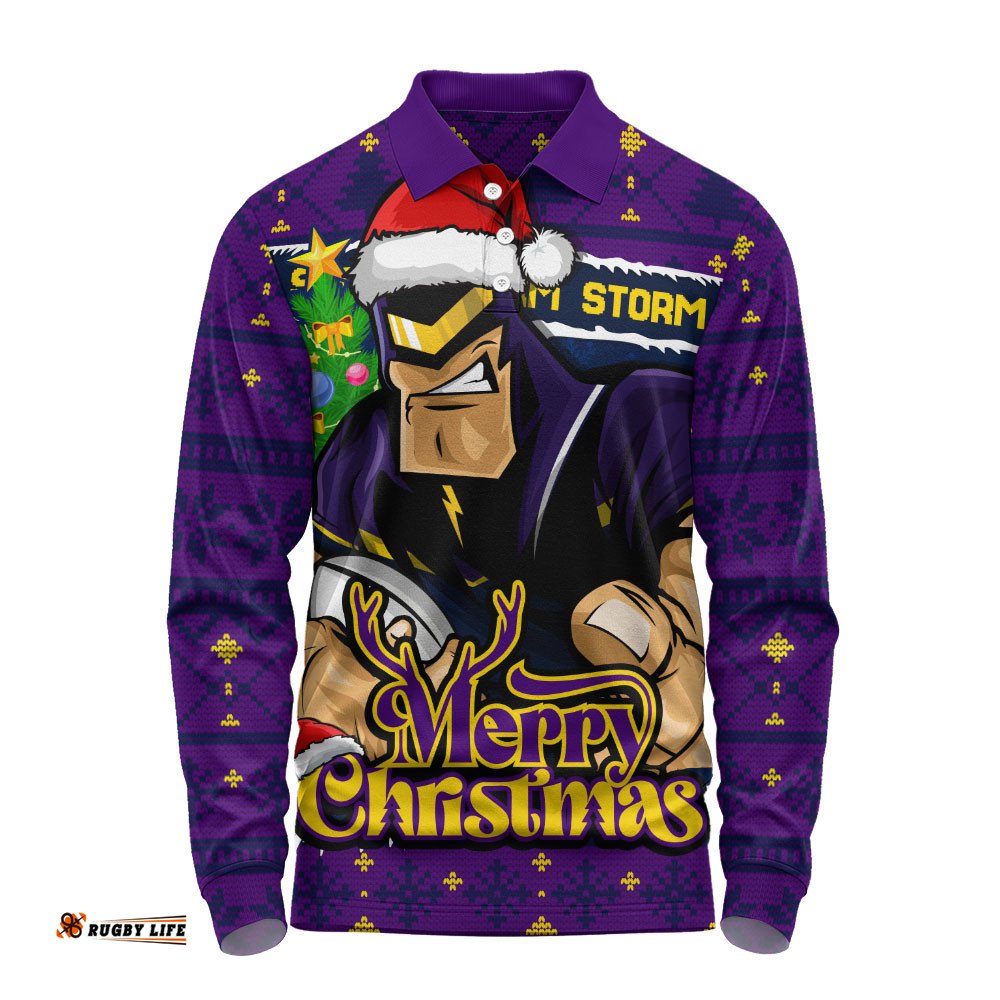Melbourne Storm Long Sleeve Polo Shirt Merry Christmas Game Day Knit Style Team Edition