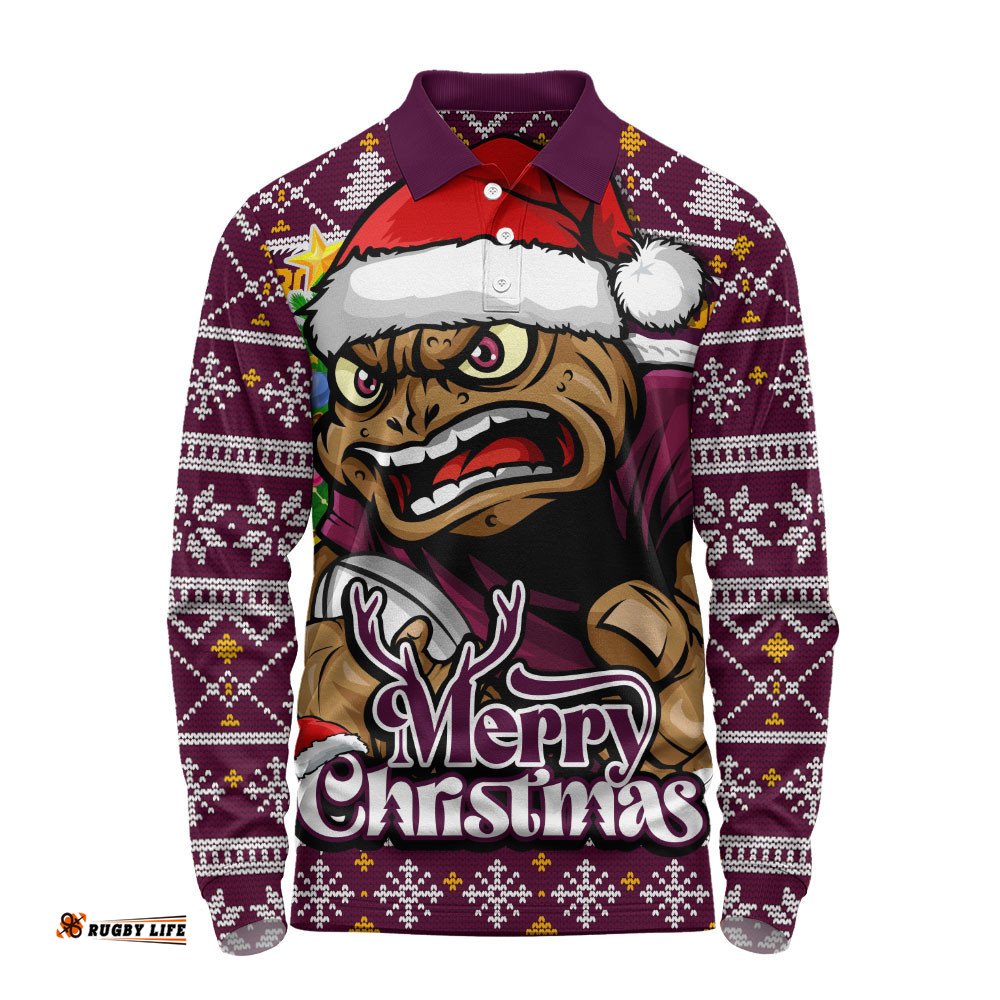 Queensland Maroons Long Sleeve Polo Shirt Merry Christmas Game Day Knit Style Team Edition
