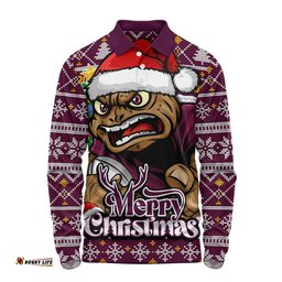 Queensland Maroons Long Sleeve Polo Shirt Merry Christmas Game Day Knit Style Team Edition