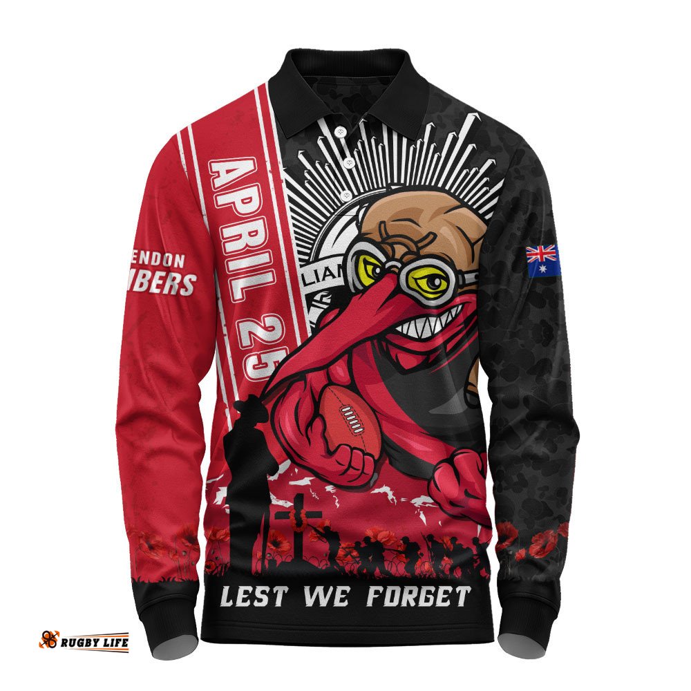 Essendon Long Sleeve Polo Shirt Anzac Day Lest We Forget Memorial
