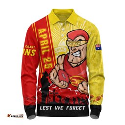 Gold Coast SUNS Long Sleeve Polo Shirt Anzac Day Lest We Forget Memorial
