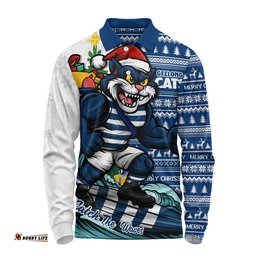 Geelong Cats Long Sleeve Polo Shirt Christmas Holiday Santa Rides The Waves