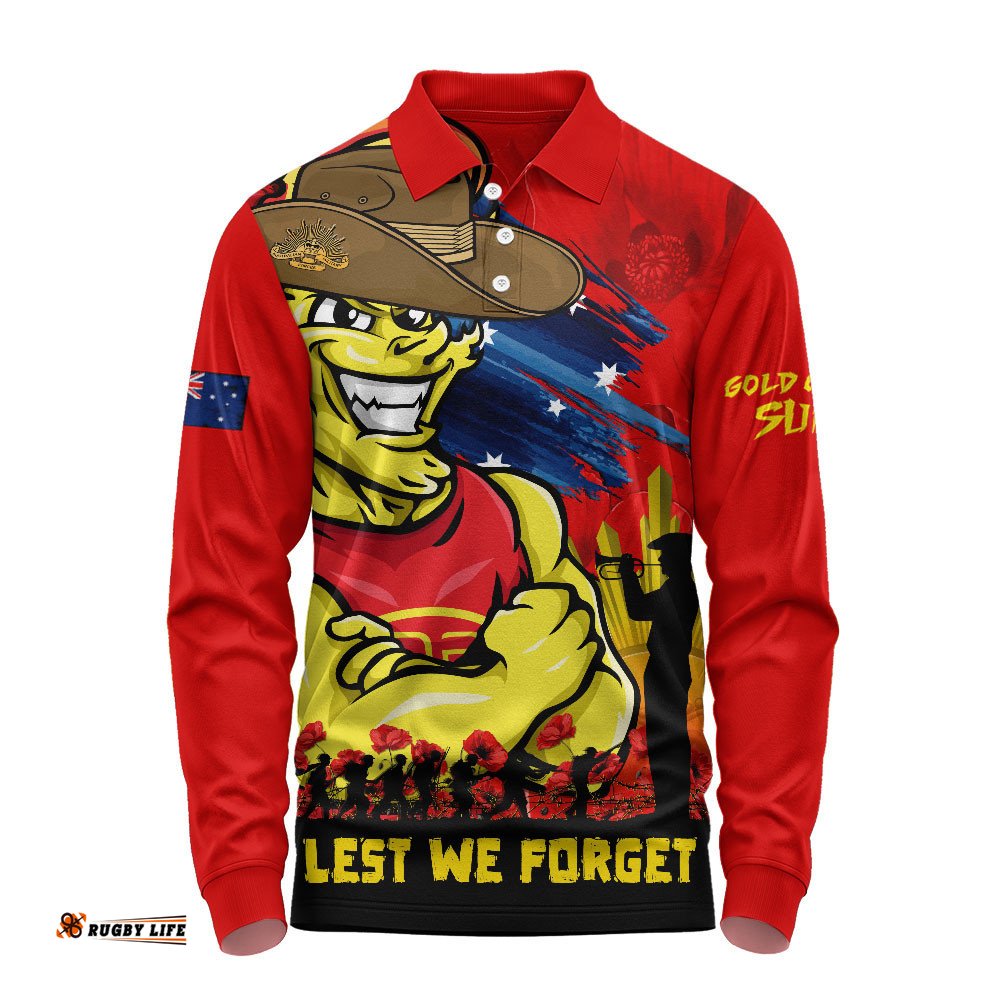 Gold Coast SUNS Long Sleeve Polo Shirt ANZAC Inspired Football Fan Memorial Design