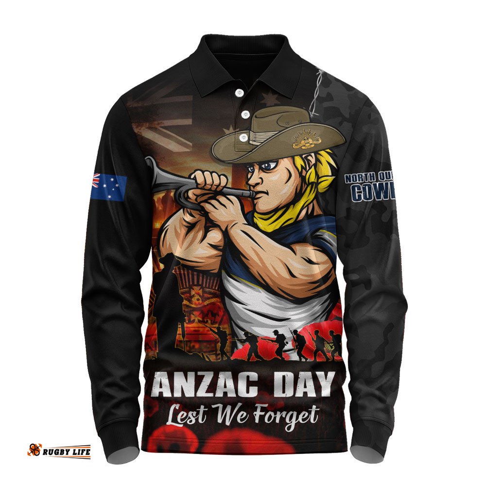 North Queensland Cowboys Long Sleeve Polo Shirt Anzac Day Rising Dawn Ceremony Lest We Forget Courage