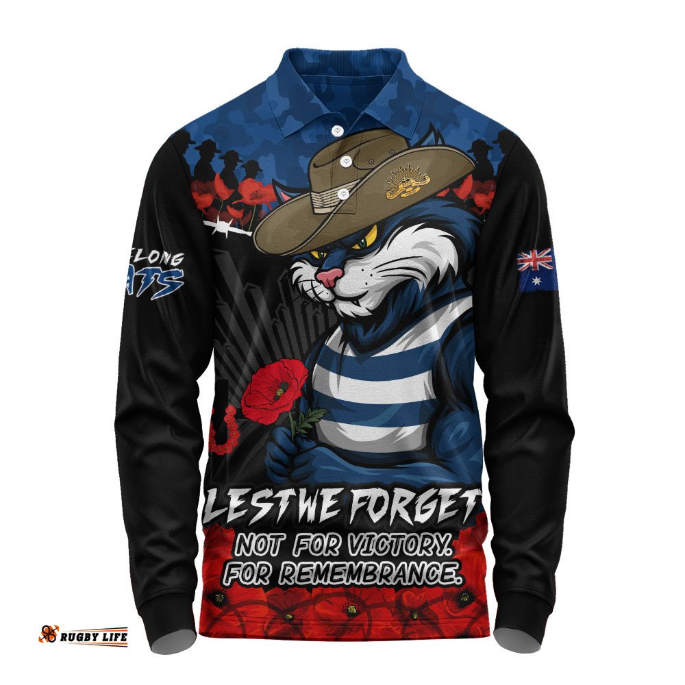 Geelong Cats Long Sleeve Polo Shirt ANZAC Day Not For Victory For Remembrance
