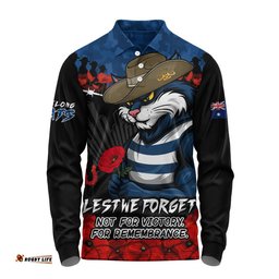 Geelong Cats Long Sleeve Polo Shirt ANZAC Day Not For Victory For Remembrance