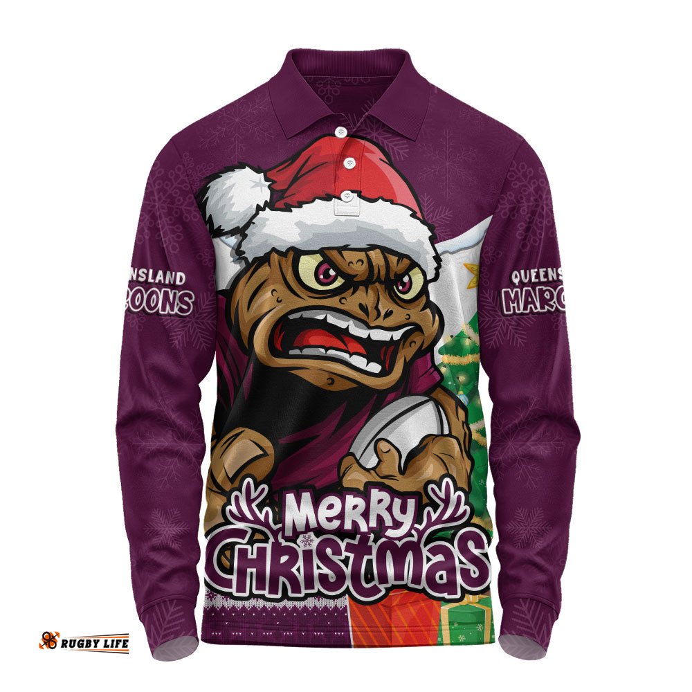 Queensland Maroons Long Sleeve Polo Shirt Santa Scoring Touchdown On Christmas Game Day