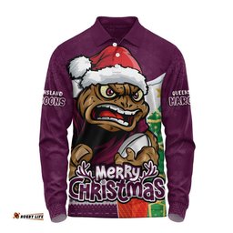 Queensland Maroons Long Sleeve Polo Shirt Santa Scoring Touchdown On Christmas Game Day