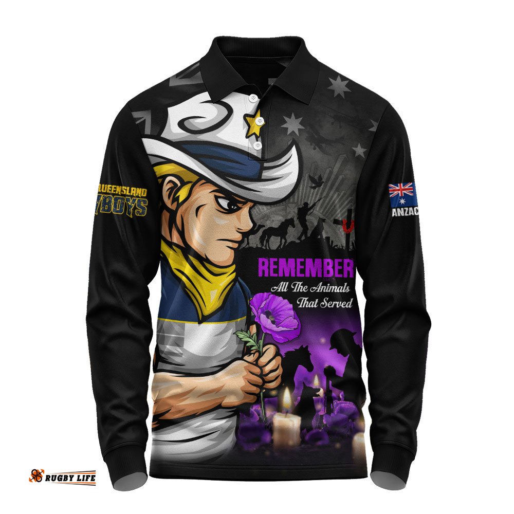 North Queensland Cowboys Long Sleeve Polo Shirt Anzac Day Purple Poppy And Animals That Served
